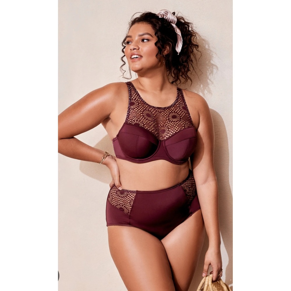 Adore Me Wine Burgundy Crochet Lace High Neck Bikini Top 44DDD New With Tag